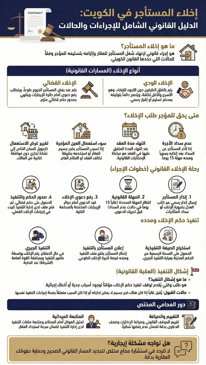 إنفوغرافيك عن إخلاء المستأجر في الكويت يوضح الحالات القانونية وخطوات الإخلاء والتنفيذ.
