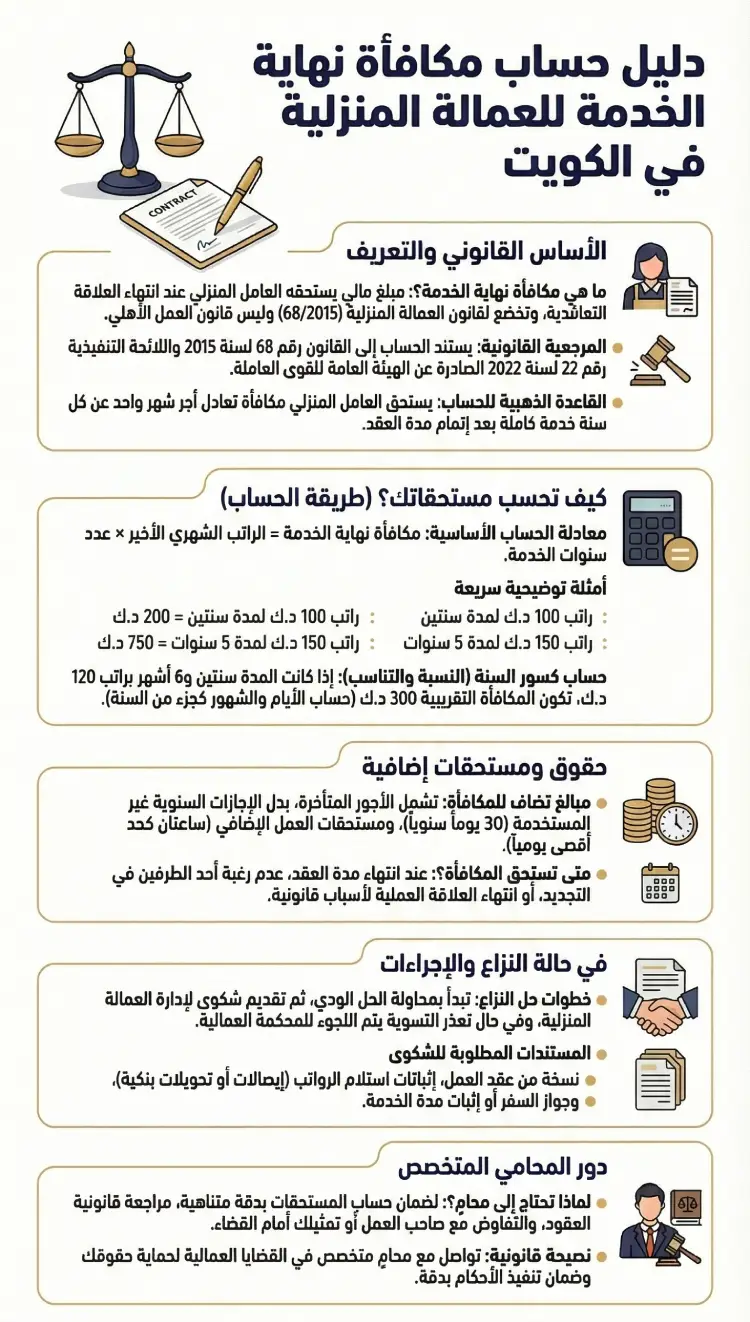 إنفوغرافيك يوضح حساب نهاية الخدمة للعمالة المنزلية في الكويت، طريقة الحساب، المستحقات المرتبطة بها، خطوات النزاع، ودور المحامي