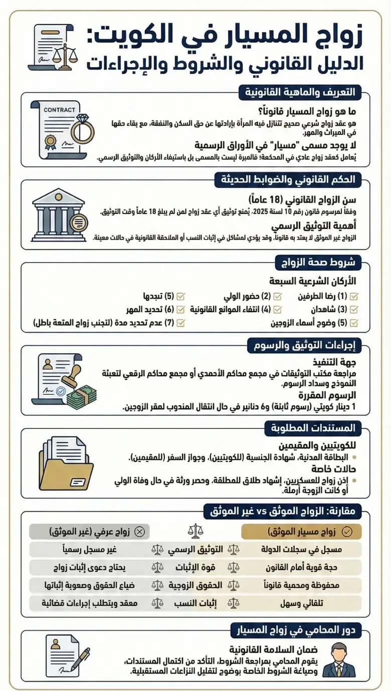 إنفوغرافيك يوضح حكم زواج المسيار في الكويت، شروطه، إجراءات توثيقه، مع بيان أهمية الاستعانة بمحامي