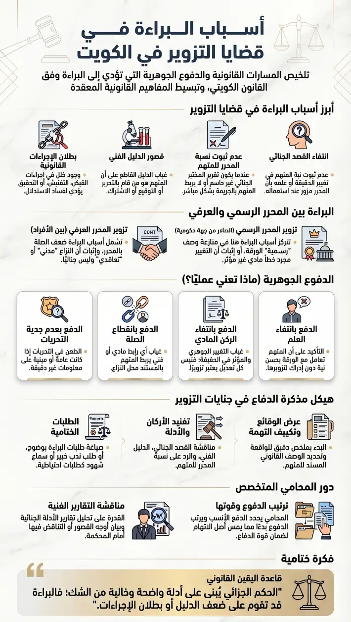 إنفوغرافيك يوضح أسباب البراءة في قضايا التزوير في الكويت وأهم الدفوع الجوهرية ودور المحامي في بناء الدفاع.