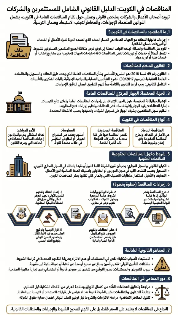 إنفوغرافيك عن المناقصات في الكويت: الأنواع، الشروط، الإجراءات، ودور المحامي.