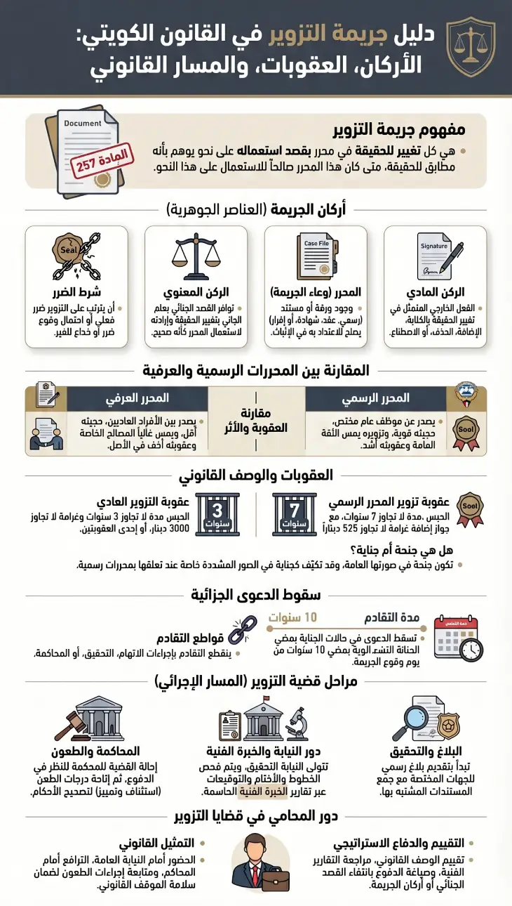 إنفوغرافيك يوضح جريمة التزوير في القانون الكويتي وأركانها وعقوبتها ومسار القضية.