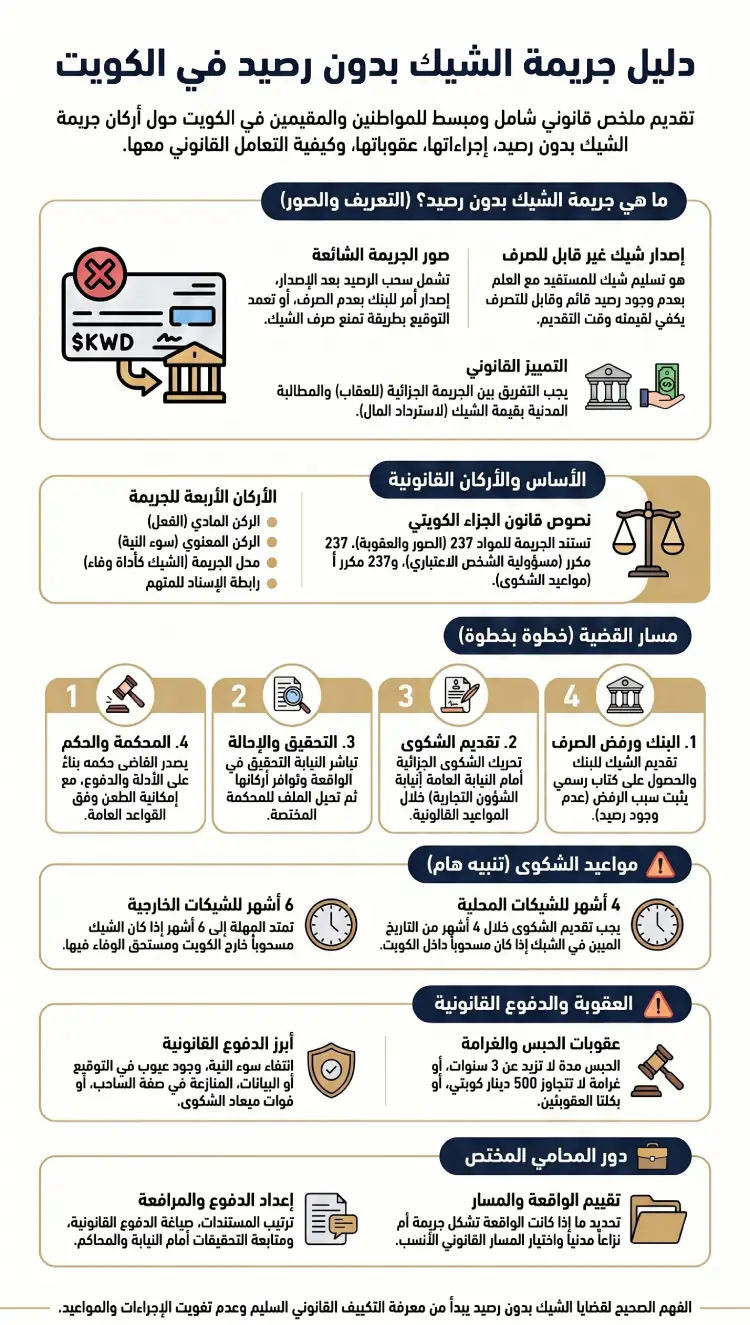 إنفوغرافيك عن جريمة الشيك بدون رصيد في الكويت: التعريف، الإجراءات، العقوبة، الدفوع، ودور المحامي.