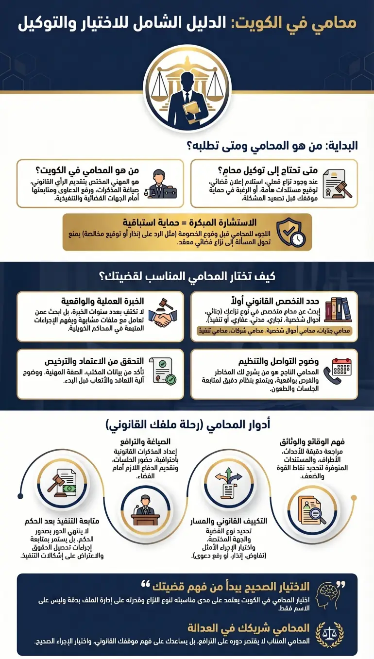 إنفوغرافيك يوضح متى تحتاج إلى محامي في الكويت، وكيف تختار المحامي المناسب، وما دوره في القضية.