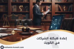 ميزان عدالة ومطرقة قانونية على مكتب مع أوراق قانونية، يرمز إلى إعادة هيكلة الشركات في الكويت والإجراءات القانونية