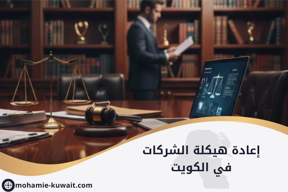 ميزان عدالة ومطرقة قانونية على مكتب مع أوراق قانونية، يرمز إلى إعادة هيكلة الشركات في الكويت والإجراءات القانونية