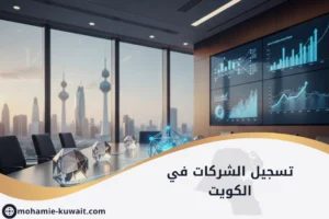 تسجيل الشركات في الكويت: شركات ومخططات بيانية وجداول مالية مع أسهم صاعدة توضح إجراءات تأسيس الشركات