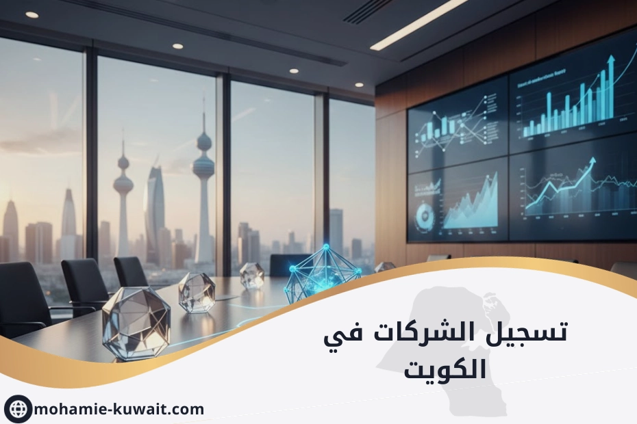 تسجيل الشركات في الكويت: شركات ومخططات بيانية وجداول مالية مع أسهم صاعدة توضح إجراءات تأسيس الشركات