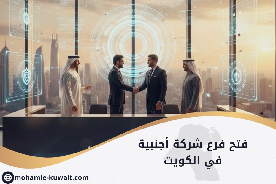 فتح فرع شركة أجنبية في الكويت يظهر مبنى شركة حديث مع فريق عمل يعقد اجتماعاً رسمياً