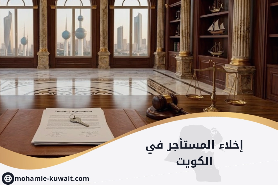 إخلاء المستأجر في الكويت – أوراق قانونية ومفتاح وميزان عدل ترمز إلى إجراءات الإخلاء القانونية.