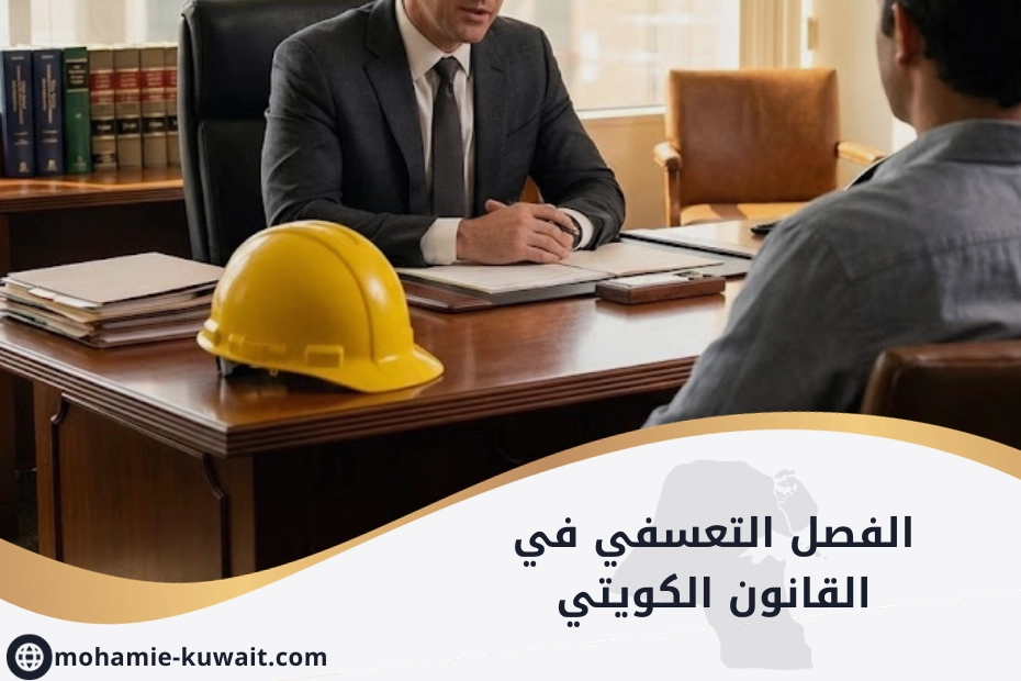 الفصل التعسفي في القانون الكويتي مع أوراق قانونية وخوذة عامل.