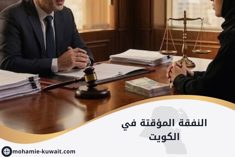 النفقة المؤقتة في الكويت مع أوراق قانونية ومطرقة قاضٍ ونقود.