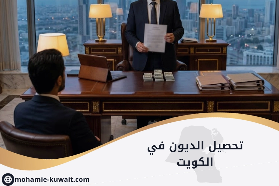 تحصيل الديون في الكويت – أموال وأوراق قانونية ترمز إلى المطالبة بالديون واسترداد الحقوق المالية.
