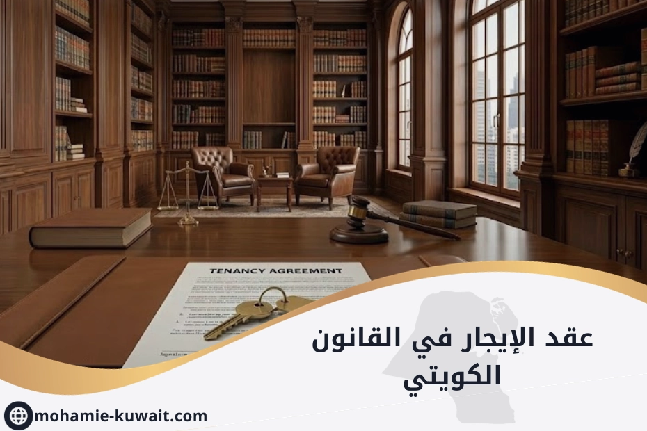 عقد الايجار في القانون الكويتي مع ورق على طاولة ومطرقة قاضٍ.