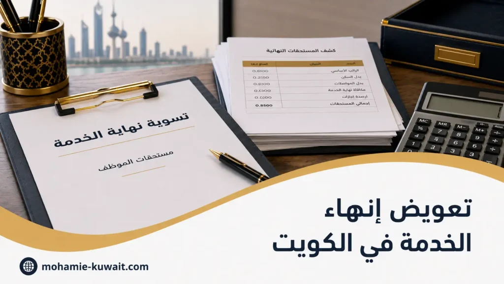 صورة توضيحية لمقال تعويض إنهاء الخدمة في الكويت، تعرض ملف تسوية نهاية الخدمة وكشف المستحقات النهائية وآلة حاسبة.