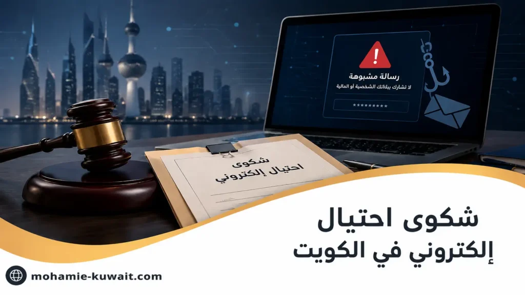 صورة توضيحية لمقال شكوى احتيال إلكتروني في الكويت، تعرض مطرقة قاضٍ وملف شكوى وحاسوباً يظهر رسالة مشبوهة.