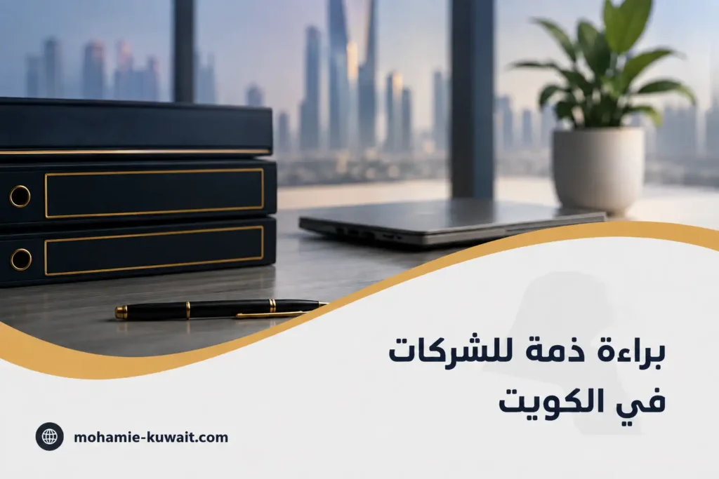 صورة بارزة لمقال براءة ذمة للشركات في الكويت، تضم ملفات شركات وقلمًا على مكتب قانوني.